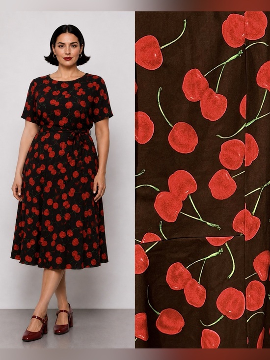 Dresses & Skirts - Red Cherry Print dress— Women's Elegant Tie-Waist. 42" bust. 16W